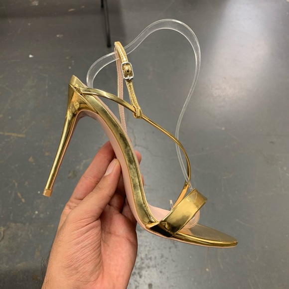 Women’s Barely There High Heel Stiletto Sandals in Metallic Gold Faux Leather - Picture 12 of 16